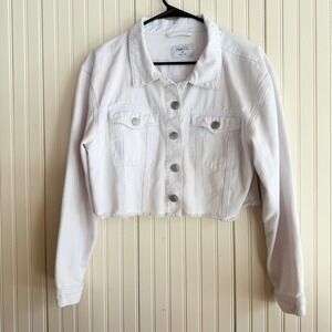 Rue 21 White Denim Cropped Jacket Distressed Raw Hem Size Medium